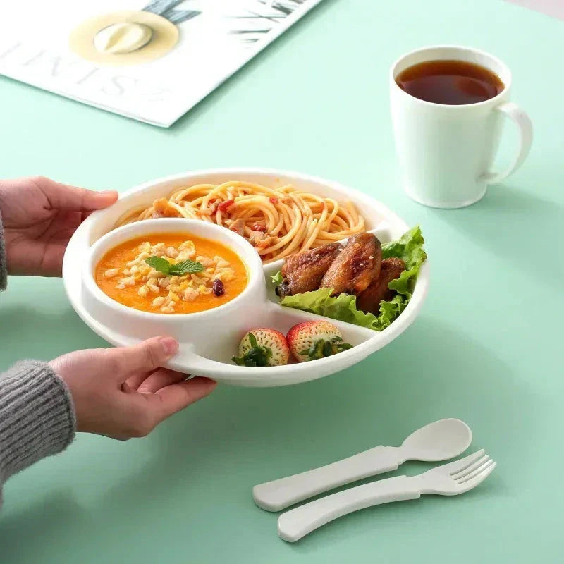 A blue bariatric portion control plate with clearly marked compartments for proteins, carbs, and vegetables
