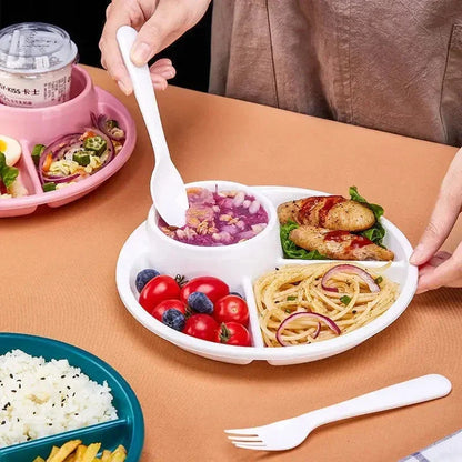 A blue bariatric portion control plate with clearly marked compartments for proteins, carbs, and vegetables
