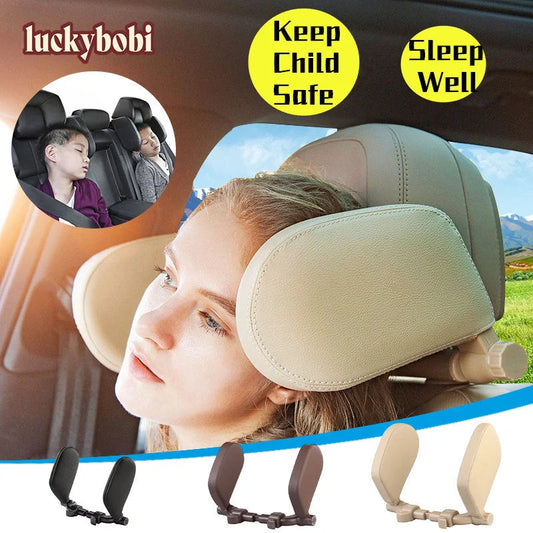 Adjustable car seat headrest pillow with memory foam support in grey, beige, black, and coffee colors