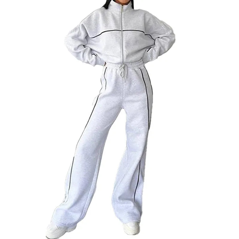 Women's casual suit with long sleeve mock neck hoodie and striped lace-up trousers in apricot colour