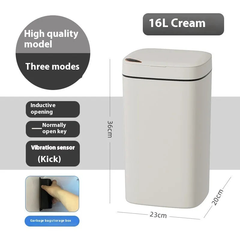 Square automatic induction garbage bin with sensor opening lid in milky white colour variant