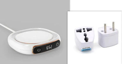 White USB coffee mug warmer coaster on desk with dimensions 130x110mm