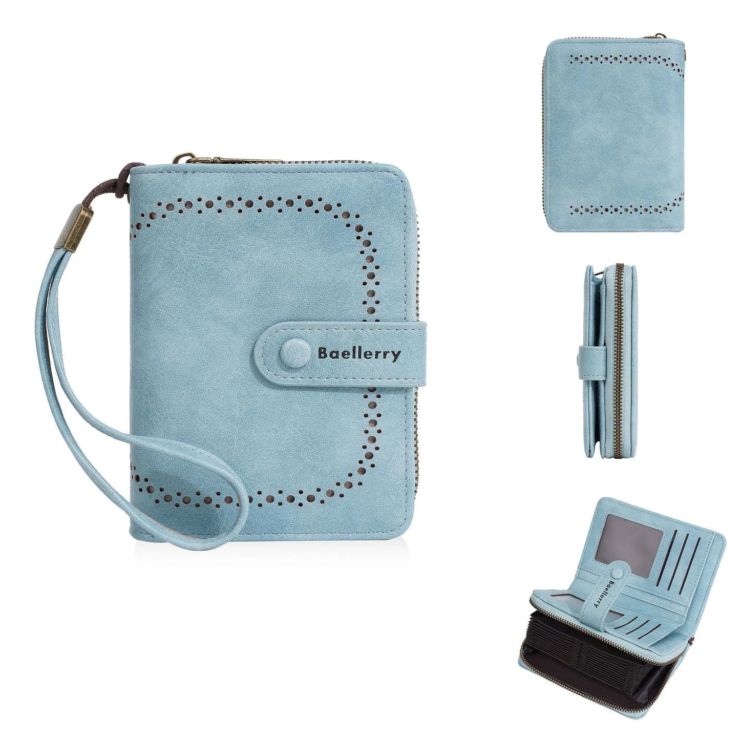 Women's black PU leather zip coin purse wallet with integrated card slots lying flat.