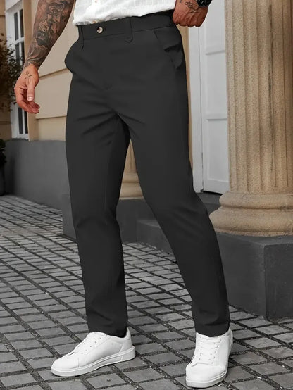 Men's straight leg light business trousers in polyester, shown in black, apricot, white, and grey colours.