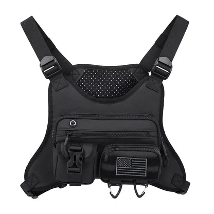 Black outdoor sports chest bag with vest straps and sewing line detailing.
