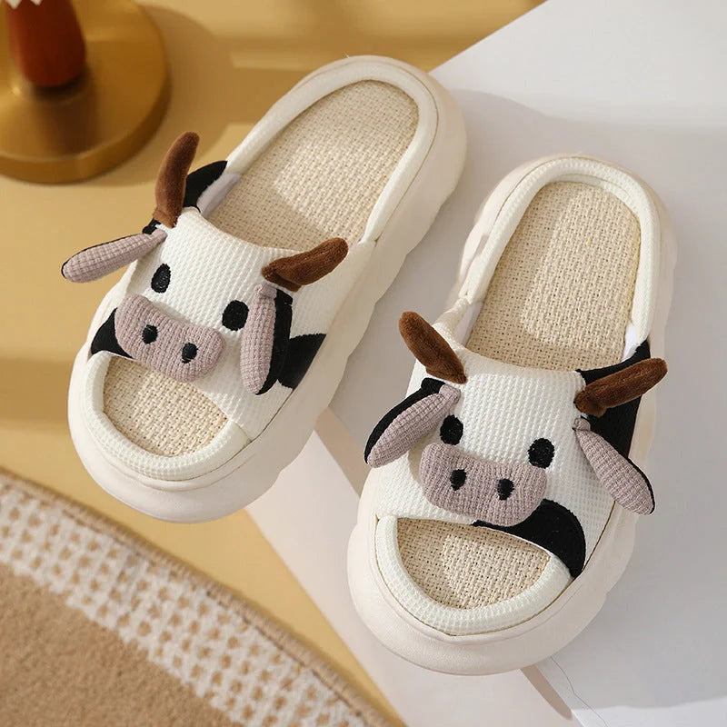 Cartoon Cow Frog Linen Slippers with non-slip PVC sole in various colours