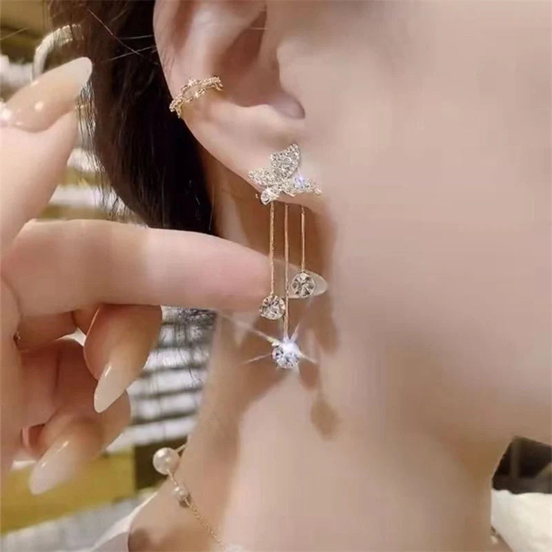 Butterfly Rhinestone Drop Dangle Earrings with Pearl Tassel Chain - Elegant Party Jewellery