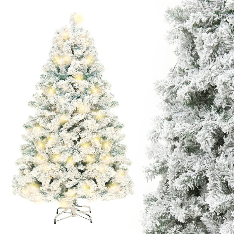 Green and white snow-dusted artificial Christmas tree on a metal stand, showing detailed PVC branches.