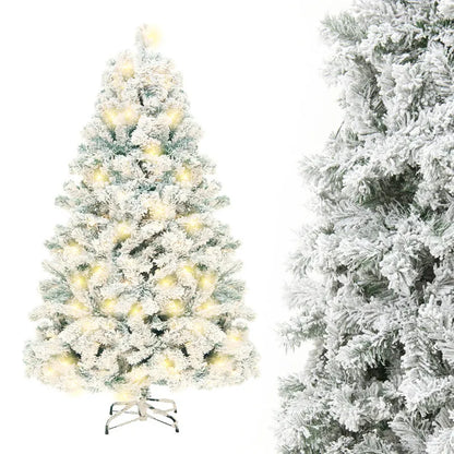 Green and white snow-dusted artificial Christmas tree on a metal stand, showing detailed PVC branches.
