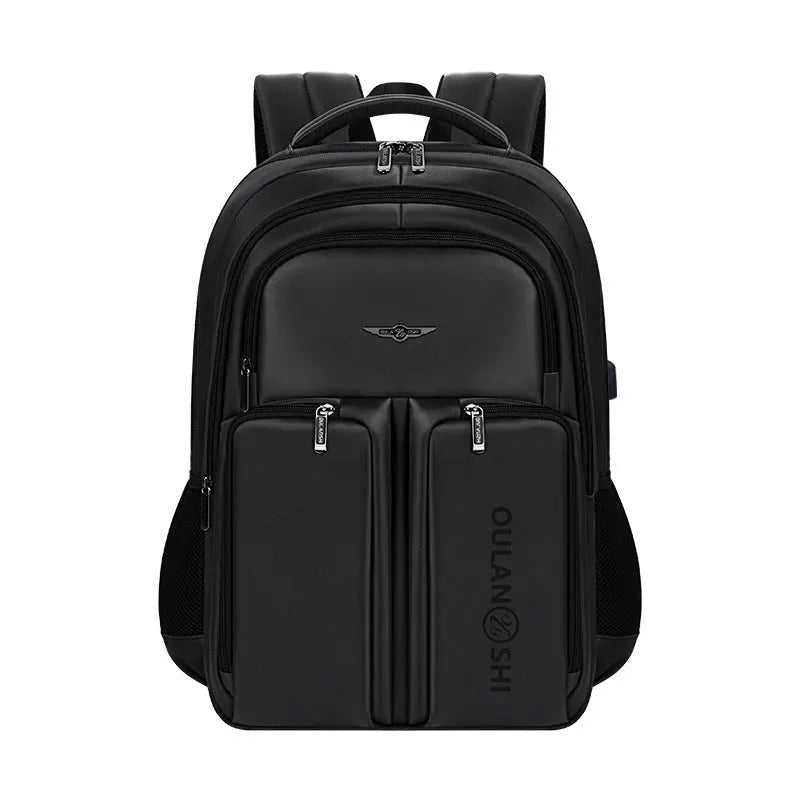 Large capacity canvas travel backpack 56-75L in black with chain and splicing detail