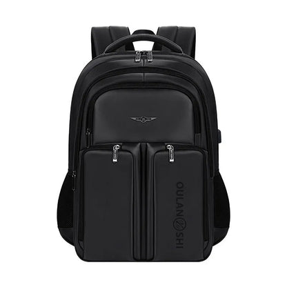 Large capacity canvas travel backpack 56-75L in black with chain and splicing detail