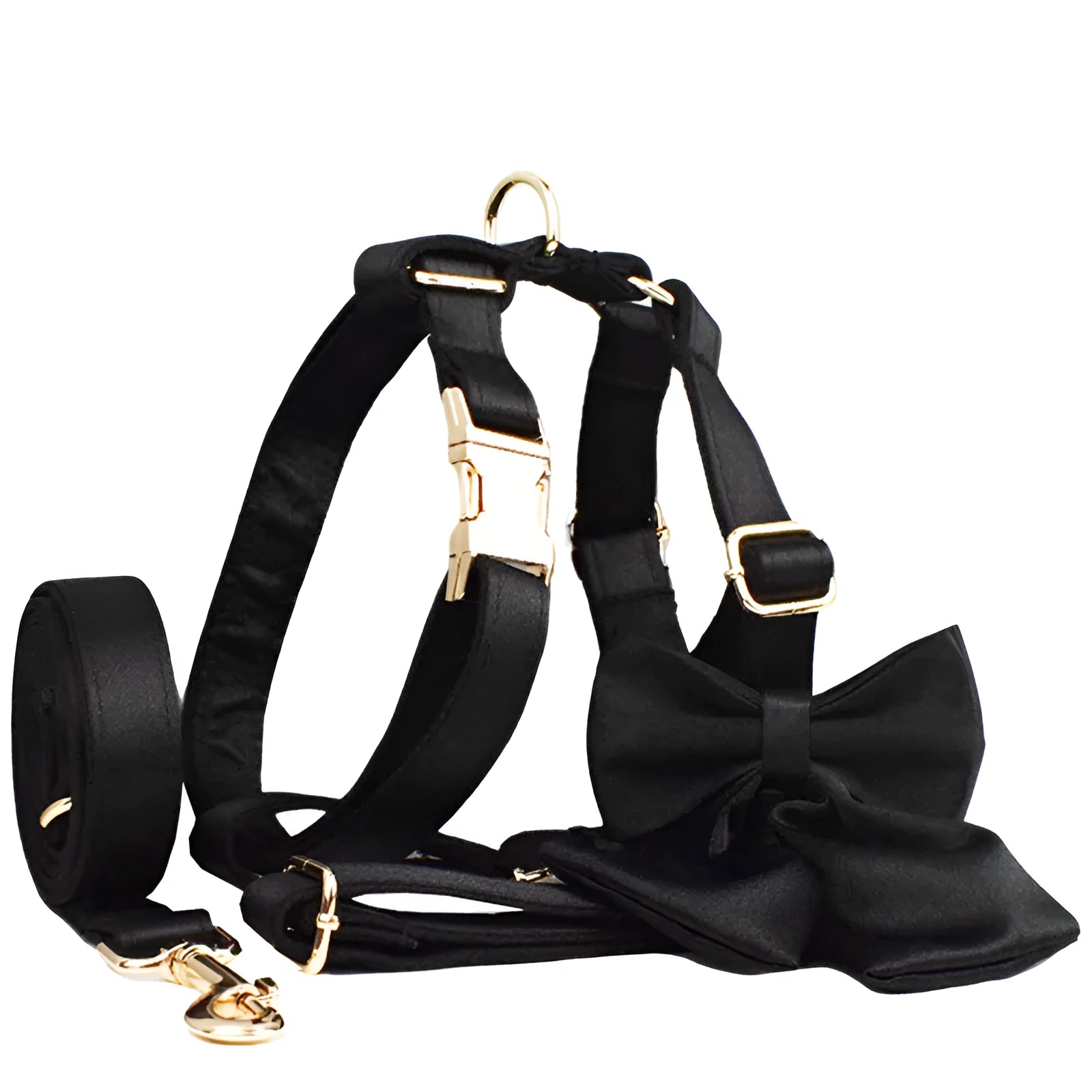 Cloth dog collar and leash set with chest strap harness, adjustable vest, and decorative bow.