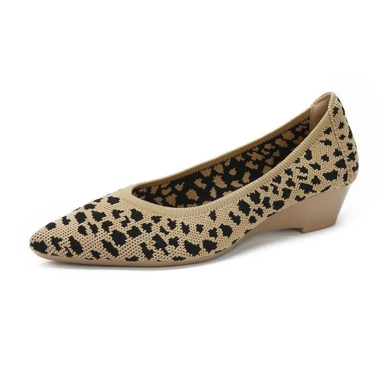 Women's wedge pumps with breathable mesh upper, pointed toe, and low rubber sole in leopard print pattern