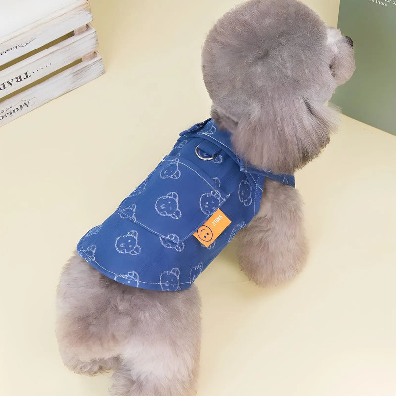Teddy Bichon Pet Denim Dress for Small Dogs with Princess Design in Spring and Autumn Thin Material Available in Denim Brace Skirt or Denim Brace T Style in Five Sizes S M L XL 2XL