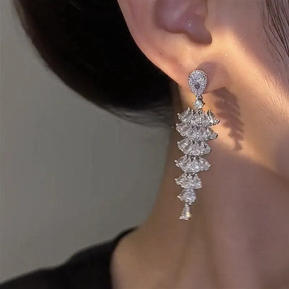 Silver pagoda Christmas tree drop earrings with zircon crystals for women