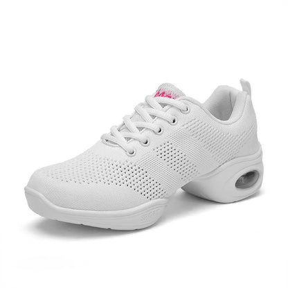 Women's breathable fly woven mesh dancing shoes in a light colour with a soft PU sole.