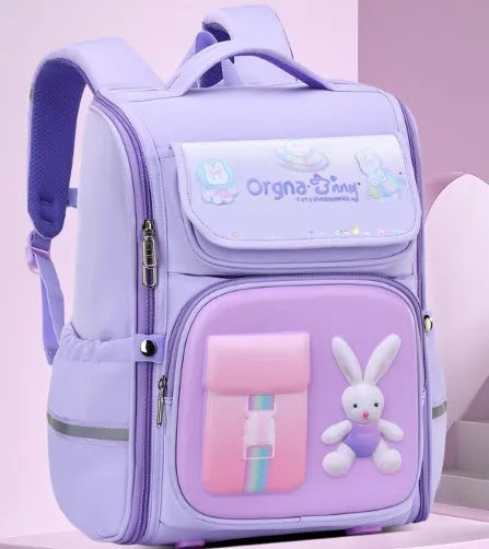 Children's cartoon backpack with airpillow straps in rabbit pink colour showing large capacity design for primary school use