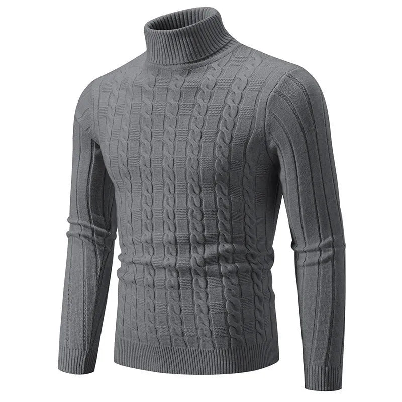 Man wearing a milky white slim fit chenille turtleneck pullover with a twist detail.