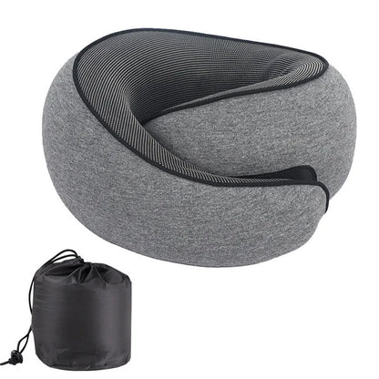 U-shaped memory foam neck pillow for travel shown with its storage bag.