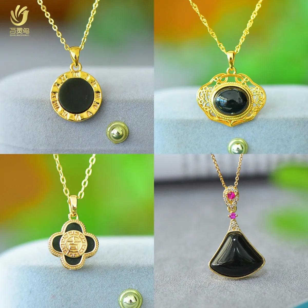 Copper inlaid pendant with natural grey Hetian jade and dark ink blue jade on a necklace.