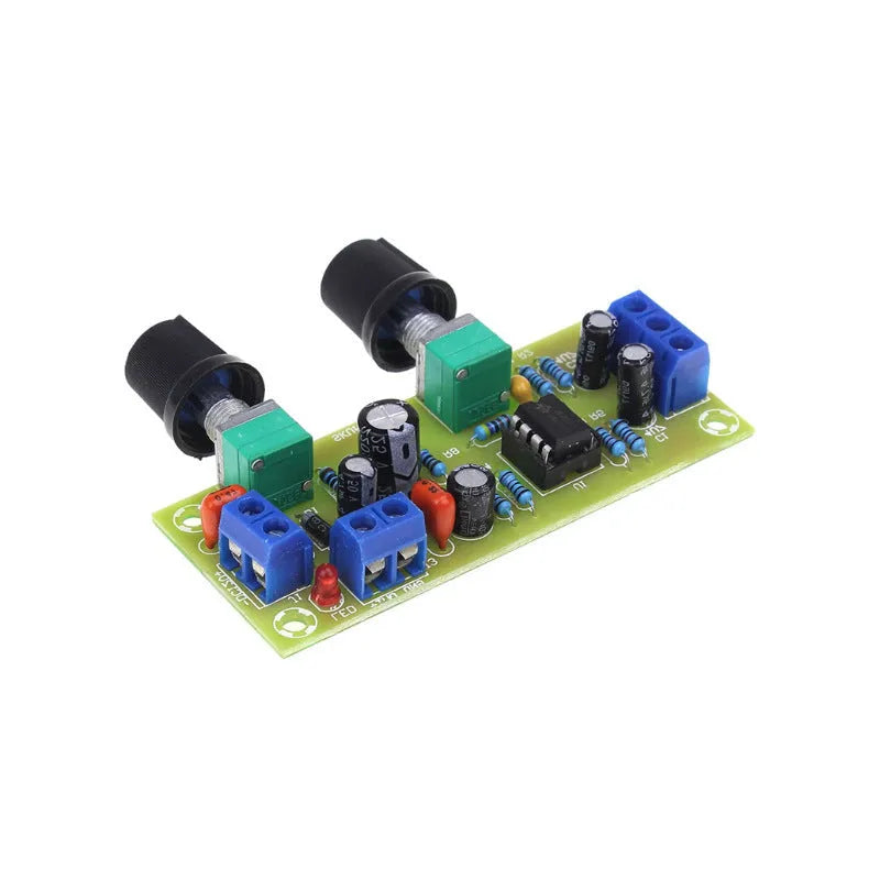Car audio front stage board with bass boost showing PCB components and mounting holes