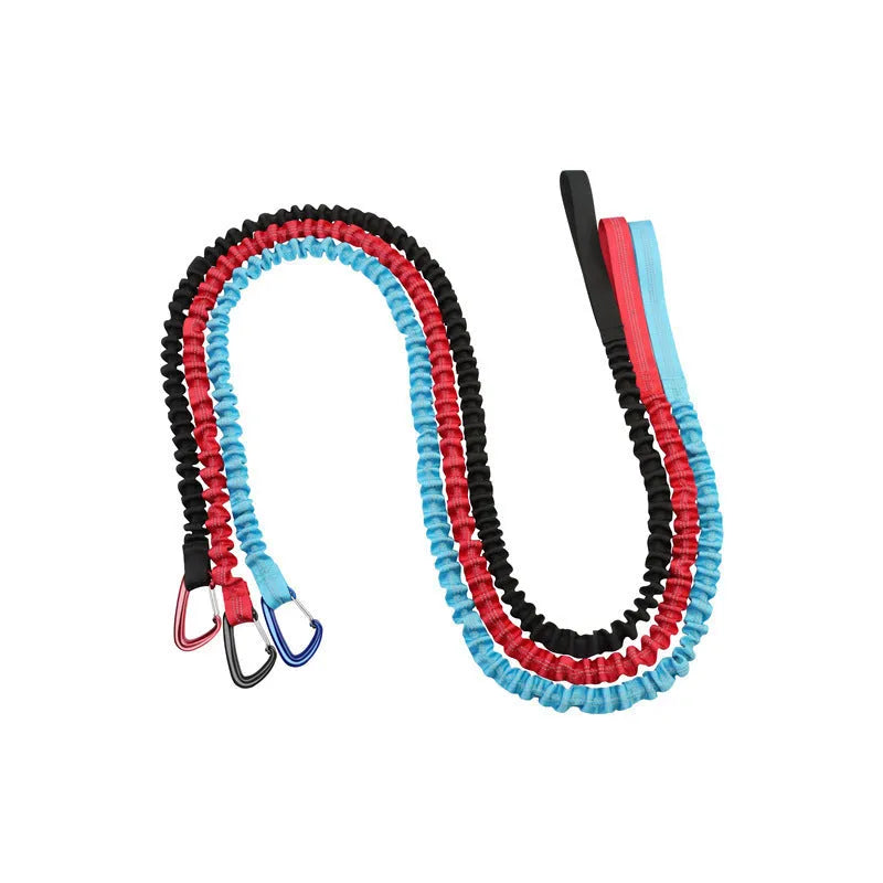 Bicycle hand holding rope with metal carabiner clips for parent-child bike towing in four colours.