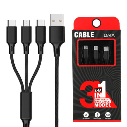 Red 3-in-1 nylon braided charging cable with three connector types on a 1.2m cord