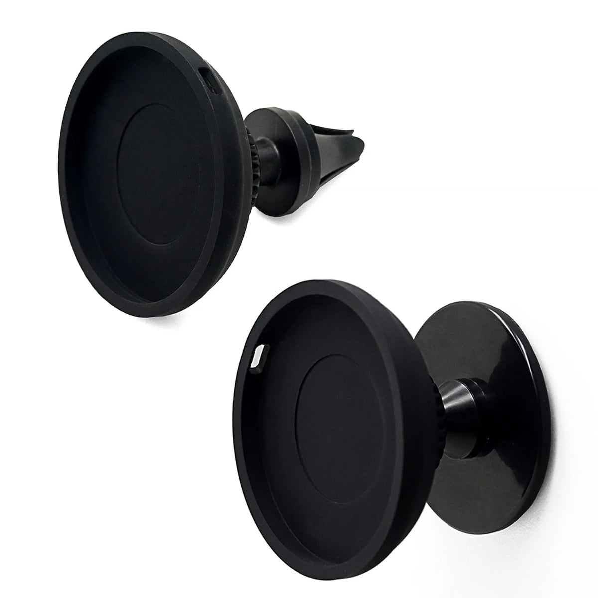 Black plastic car magnetic mobile phone holder showing air vent and base bracket mounting options