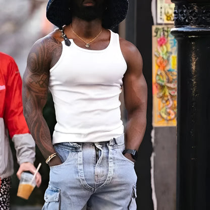 A sleeveless tight-fit vest in a solid colour, shown in either white or black.