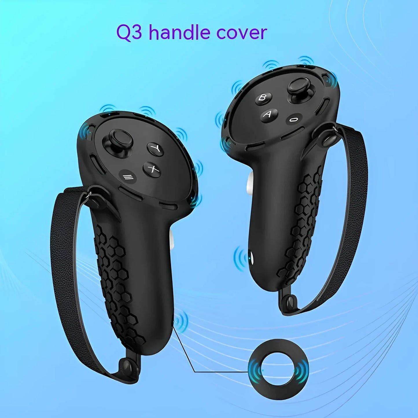 Silicone protective sleeve on a Meta Quest 3 VR controller handle in multiple colour options.