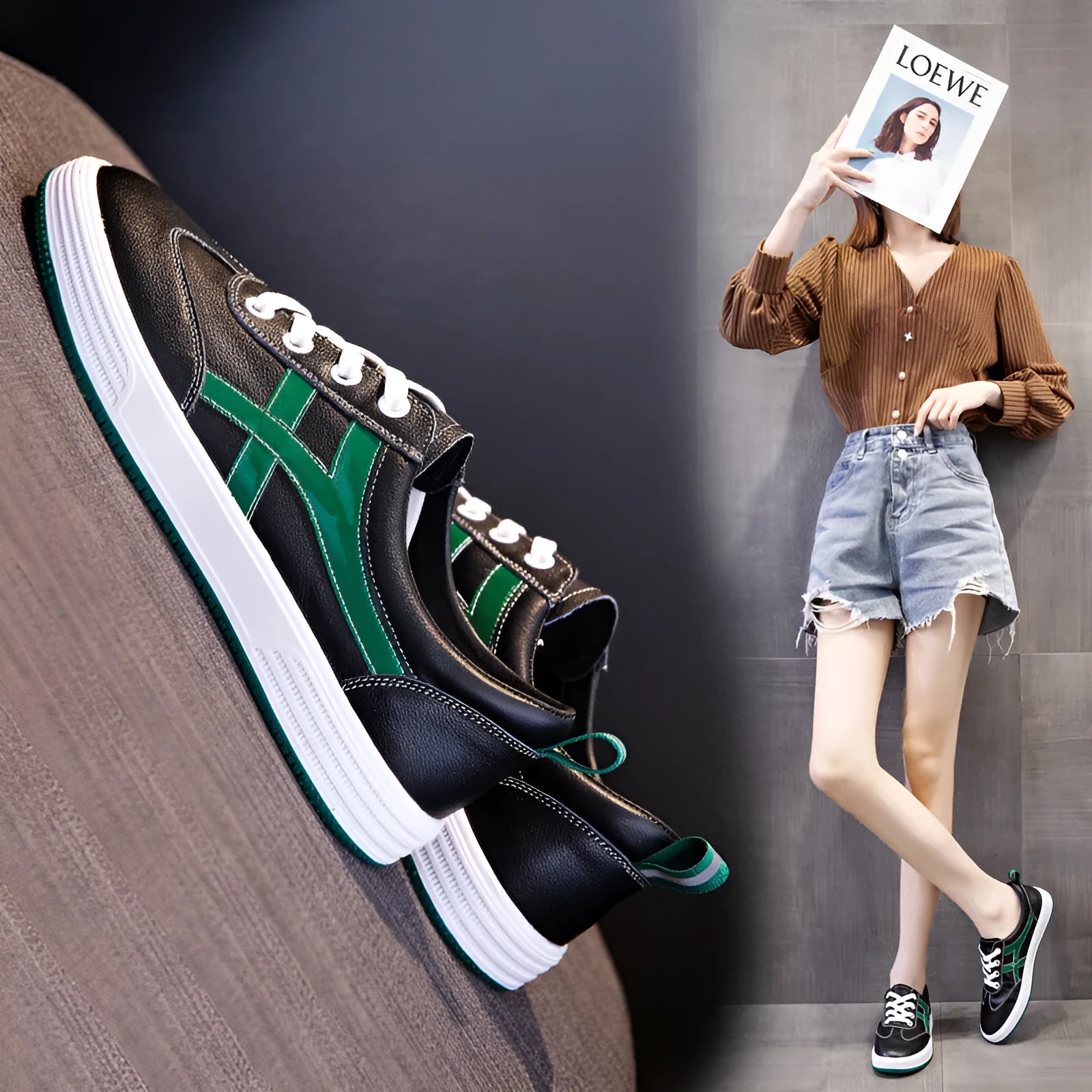 Cowhide leather casual sneakers with elastic band wearing in black or white colours, low top design with round toe