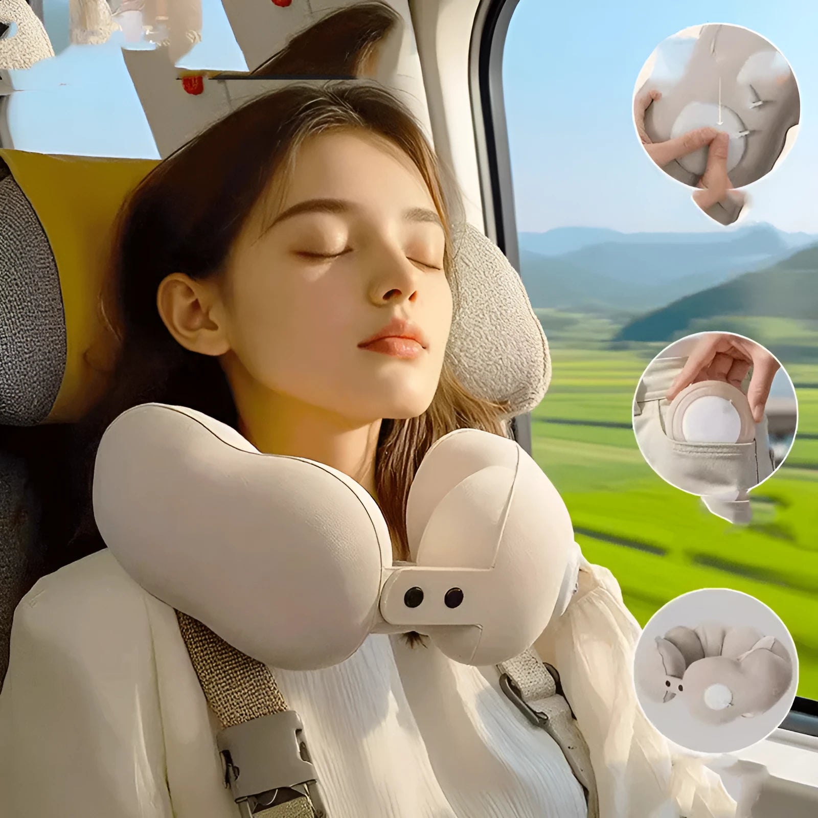 Inflatable U-shaped travel neck pillow in cloud bubble cartoon design showing air valve