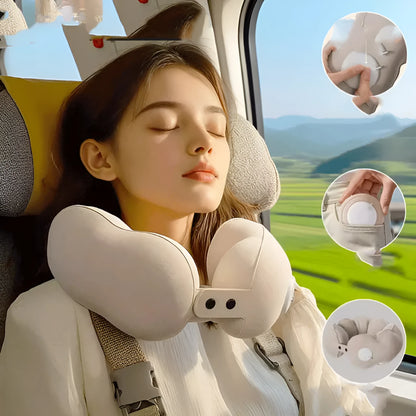 Inflatable U-shaped travel neck pillow in cloud bubble cartoon design showing air valve