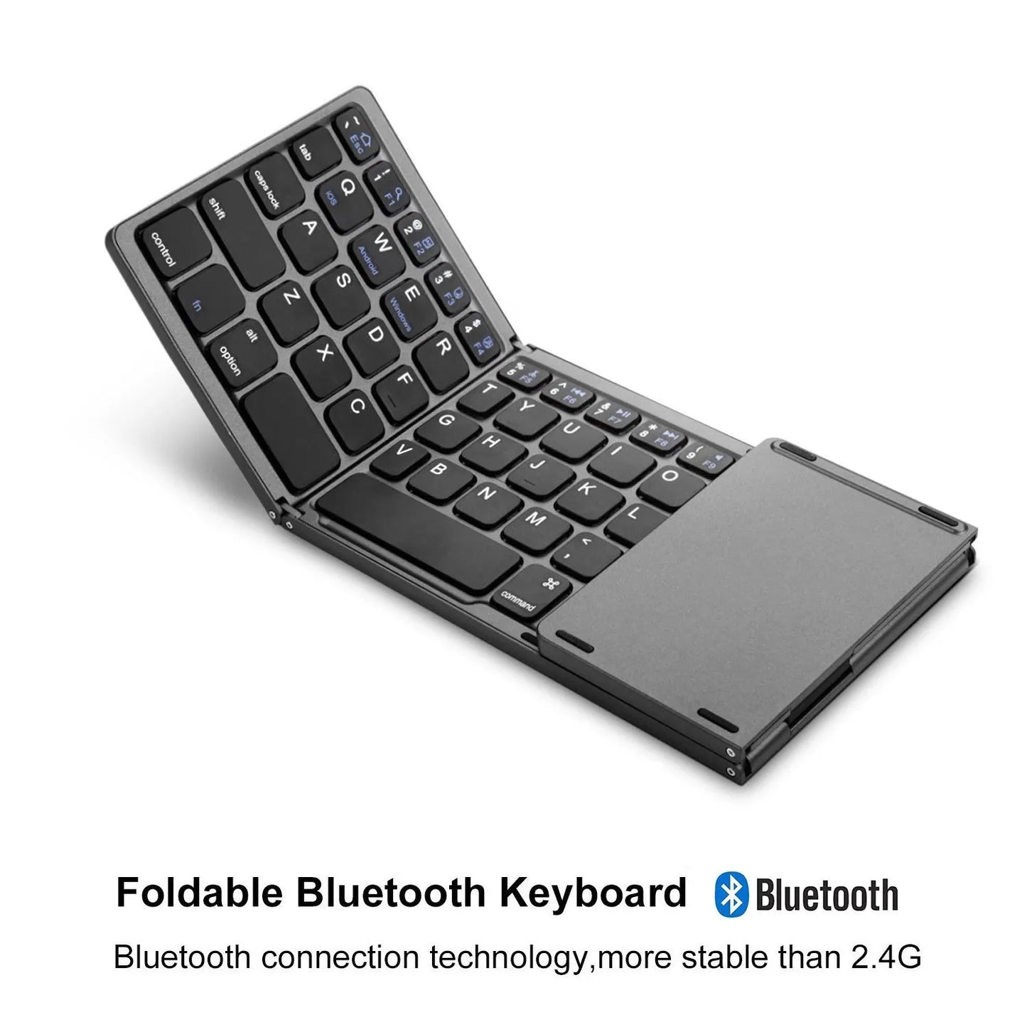Tri-fold Bluetooth keyboard shown unfolded with thin touch keys in black or silver colour options