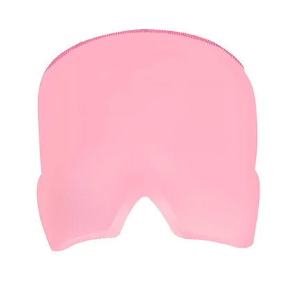 Black elastic cloth gel cold compress eye mask for headache relief on a grey background.