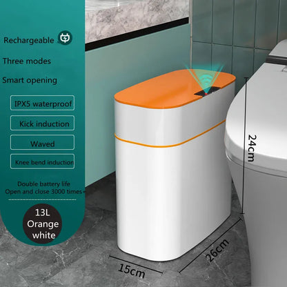 White smart induction trash can with automatic opening lid for kitchen or bathroom use