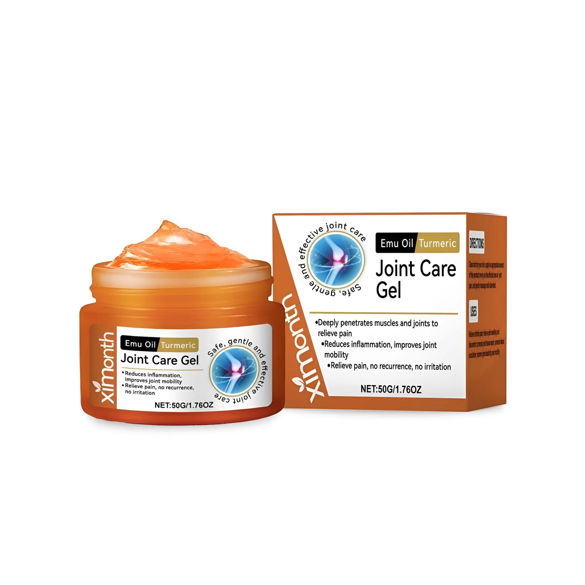 50g tube of turmeric and emu oil joint pain relief gel on a white background.