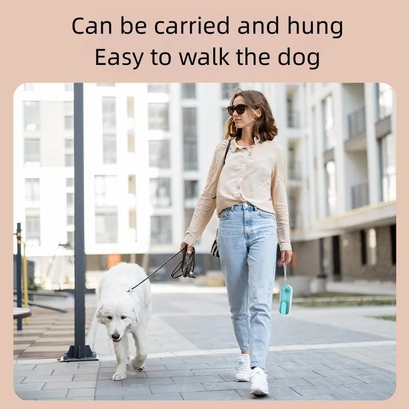 Portable blue dog water bottle with a foldable silicone drinking bowl extended, for outdoor use.