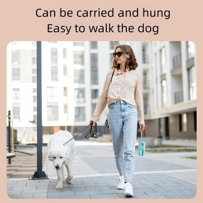 Portable blue dog water bottle with a foldable silicone drinking bowl extended, for outdoor use.