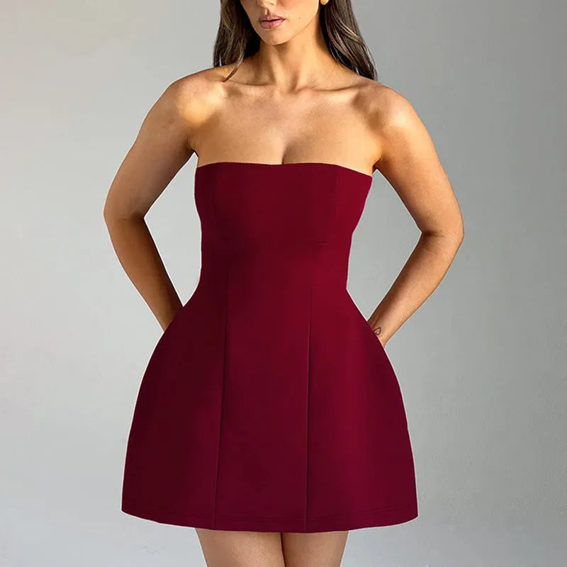 Women's solid colour backless tube dress with high waist A-line skirt