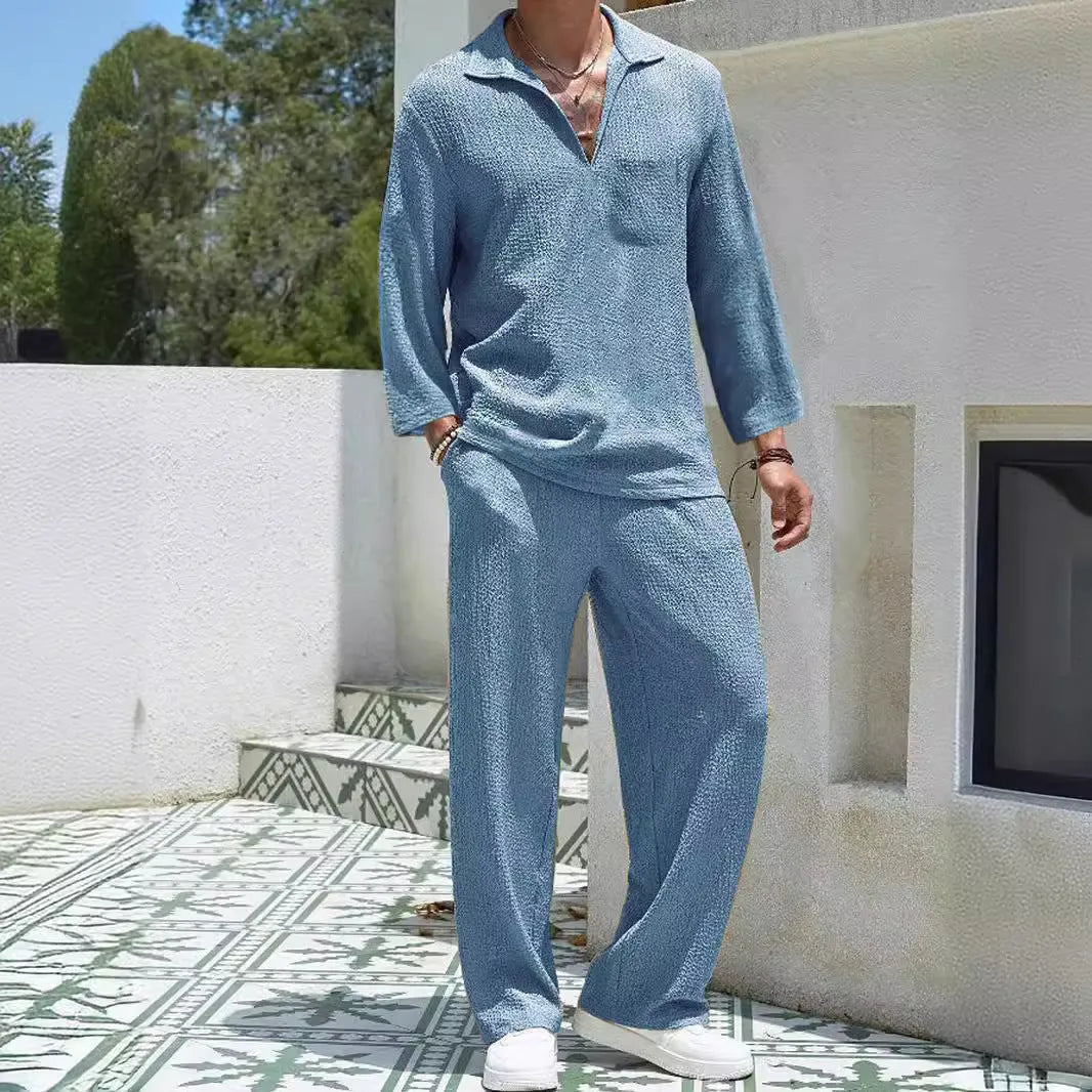 Men's casual shirt trousers commuter suit in lake blue colour with polyester fabric for autumn wear.