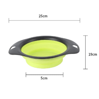 Green silicone pet bowl shown in its full size and collapsed flat for storage.