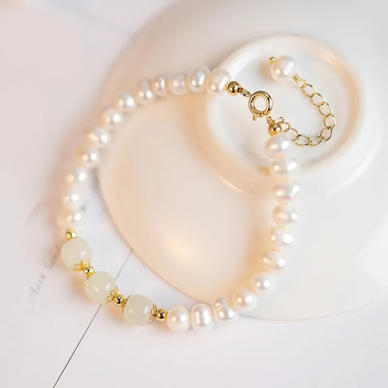Korean style freshwater pearl bracelet with diamond-shaped pearls in Hetian jade electroplated finish