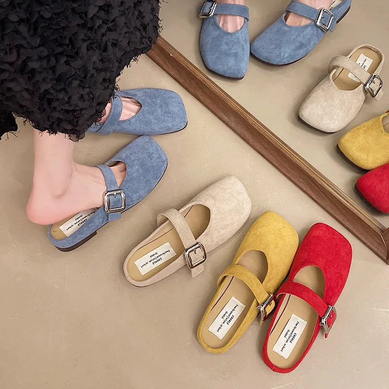Women's flat slippers closed toe half slip-on casual leisure PU upper rubber sole available in sizes 35-40 with yellow blue apricot red colour options for comfortable home footwear