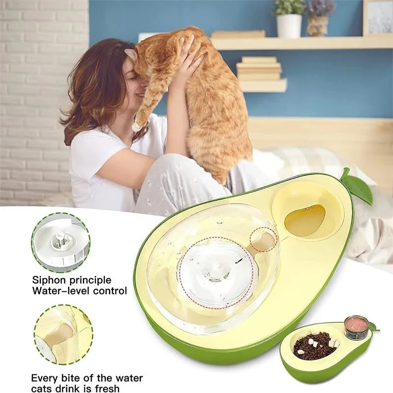 Avocado shaped automatic pet water dispenser and food bowl for cats with slow feeder option