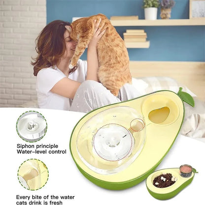 Avocado shaped automatic pet water dispenser and food bowl for cats with slow feeder option