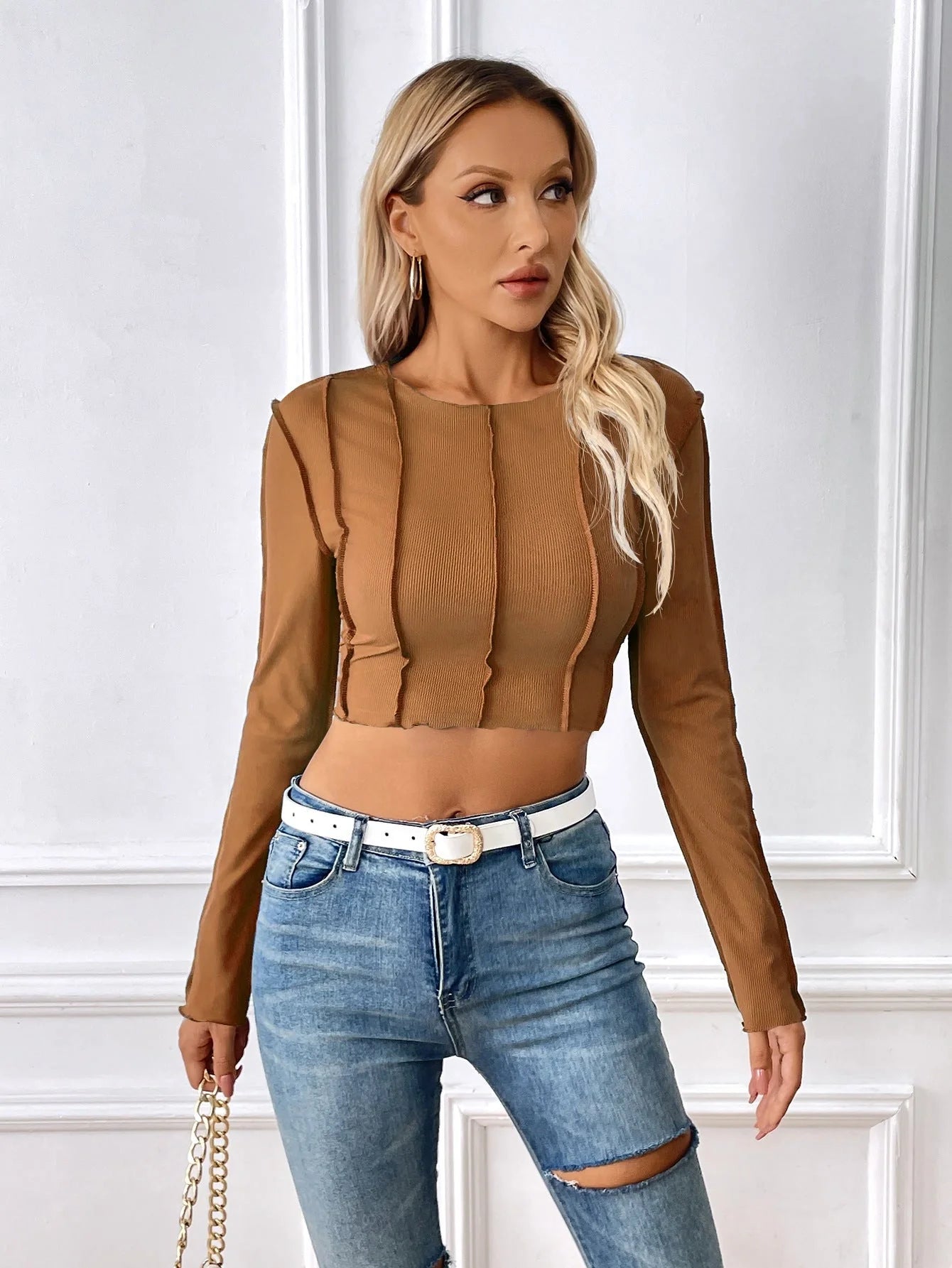 Y2K fashion slim long sleeve t-shirt with exposed stitching in blue, black, and dark brown
