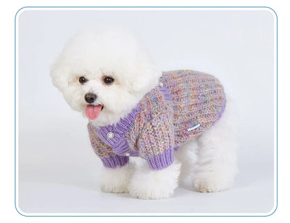 Purple dog cardigan sweater for small to medium breeds in soft polyester material