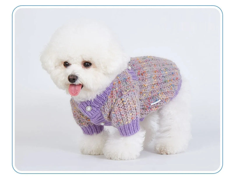 Dog cardigan sweater in soft polyester material available in purple colour, casual style pet clothing with comfortable fit for small to medium dogs in sizes XL and XXL for general gender use