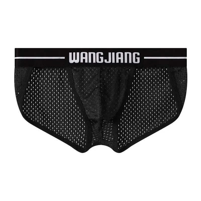 Men's solid colour Ice Silk triangle briefs on a white background, showing the mesh fabric texture.